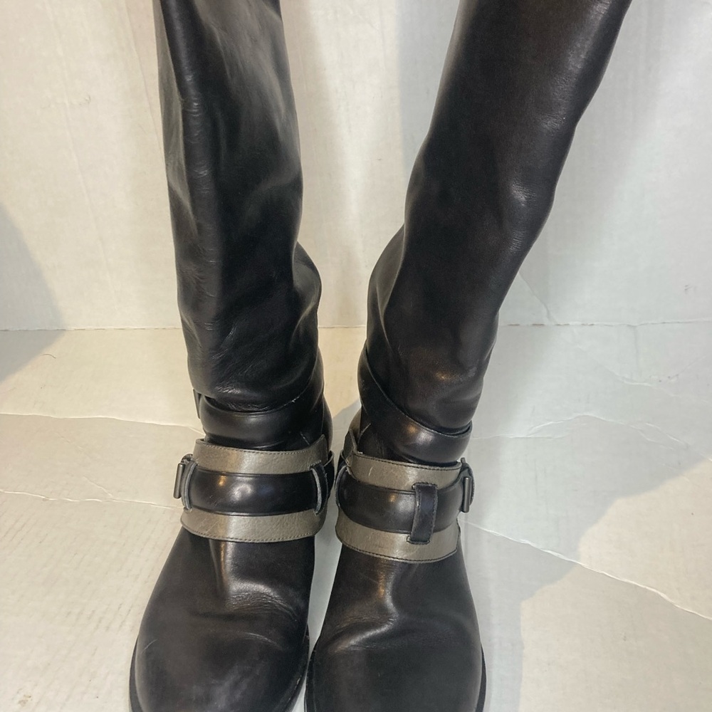Reed Krakoff Black Leather Knee-High Boots with Buckle Straps